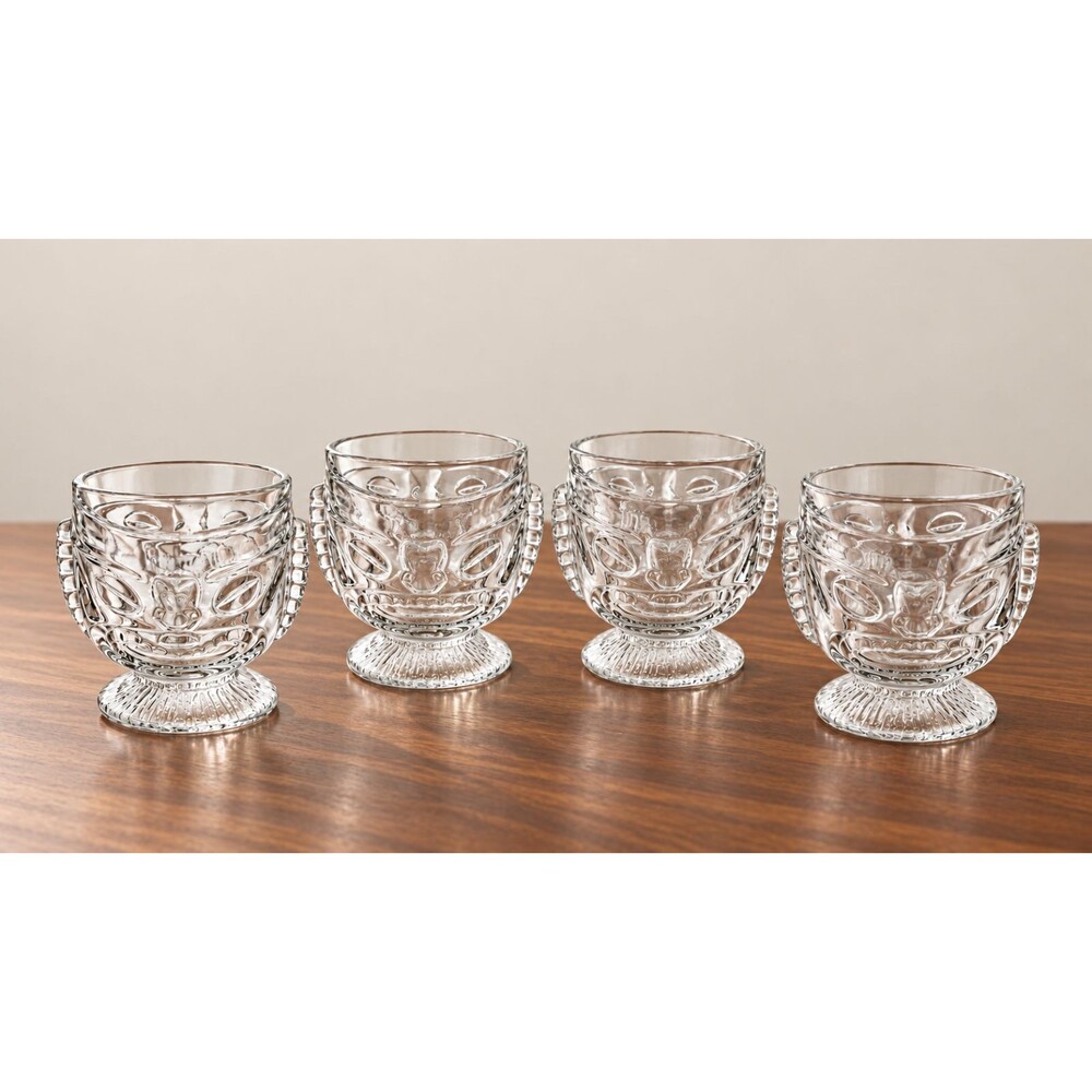 Vintage Indiana Glass Tiki Mug Goblets Set 4 Happy Sad Face Clear Footed Barware